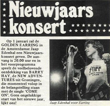 Hitkrant article December 13 1979: Nieuwjaars Konsert about Golden Earring show January 01, 1980 Amsterdam - Jaap Edenhal
